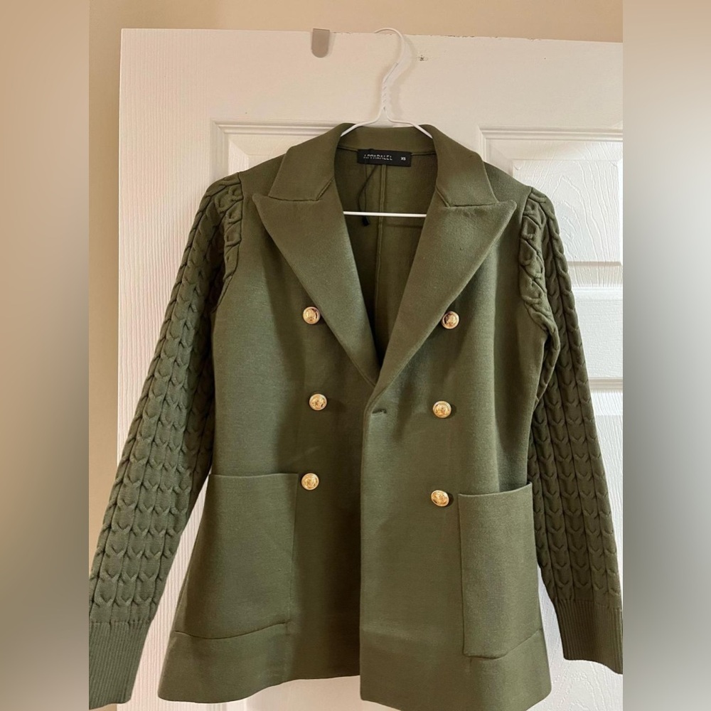 Stylish Knit Olive Blazer with Gold Accents. Small fit.